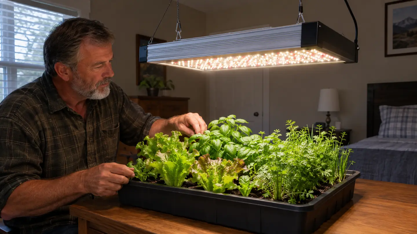 A grow light hanging above a tray of young lettuce and herbs on a table