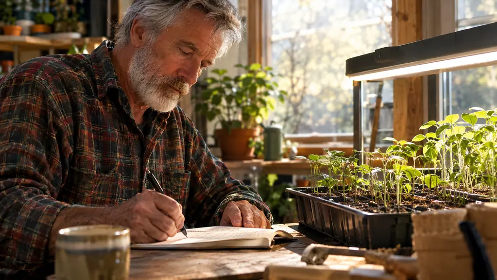 An older man writing notes in a paper garden log beside a tray of seedlings