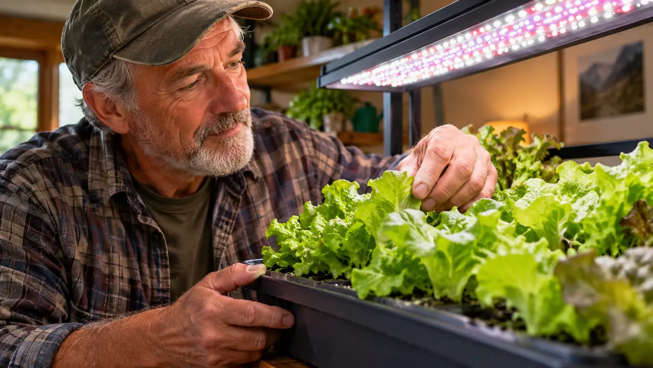 A home grower checking the leaves of lettuce under a full spectrum LED grow light