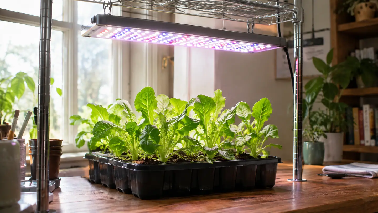 A small tray of leafy green seedlings on a table beneath a full spectrum LED grow light in a home grow room