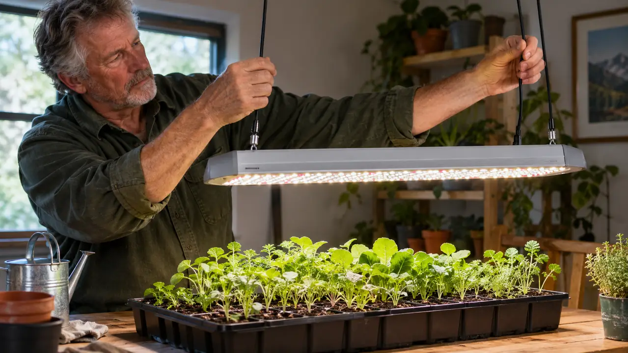 A hand adjusting the height of a full spectrum LED grow light above a tray of seedlings