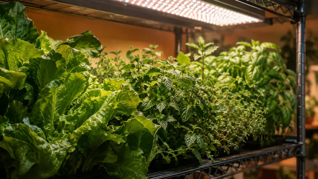 Leafy green lettuce and basil growing on a wire shelf under a full spectrum LED grow light in a home grow room