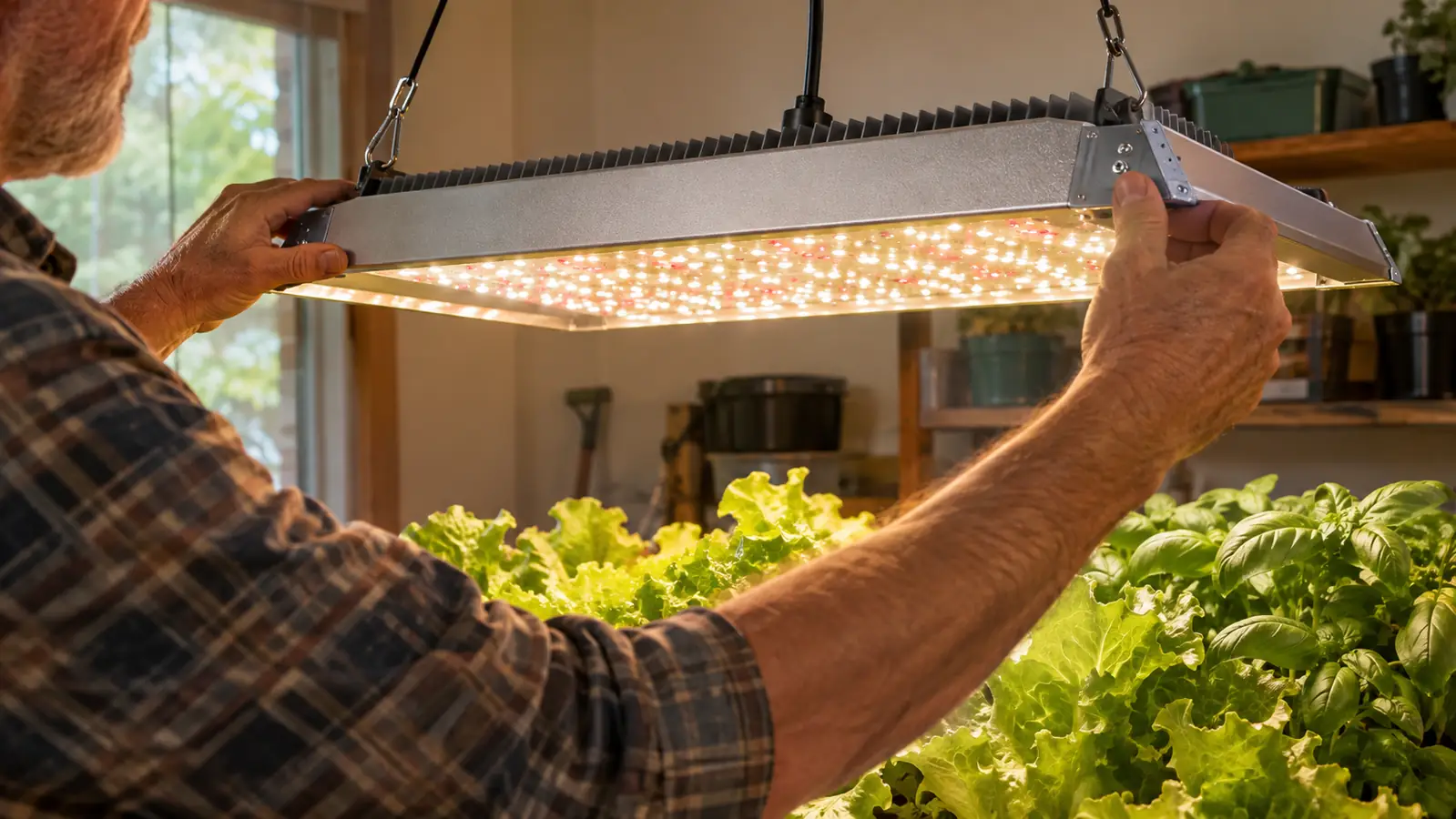 An older man adjusting a MARS HYDRO TS1000 LED grow light hanging over lettuce and basil on a table