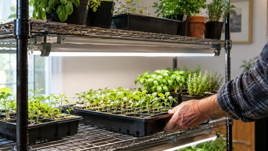 T8 LED tube fixtures clipped under a shelf over seedling trays in a home grow room